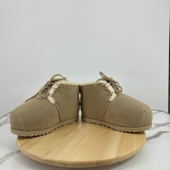 NEW UGG Size 6 Pumped Faux Fur Trim Mustard Seed Platform Suede Bootie Shoes - Picture 4 of 9